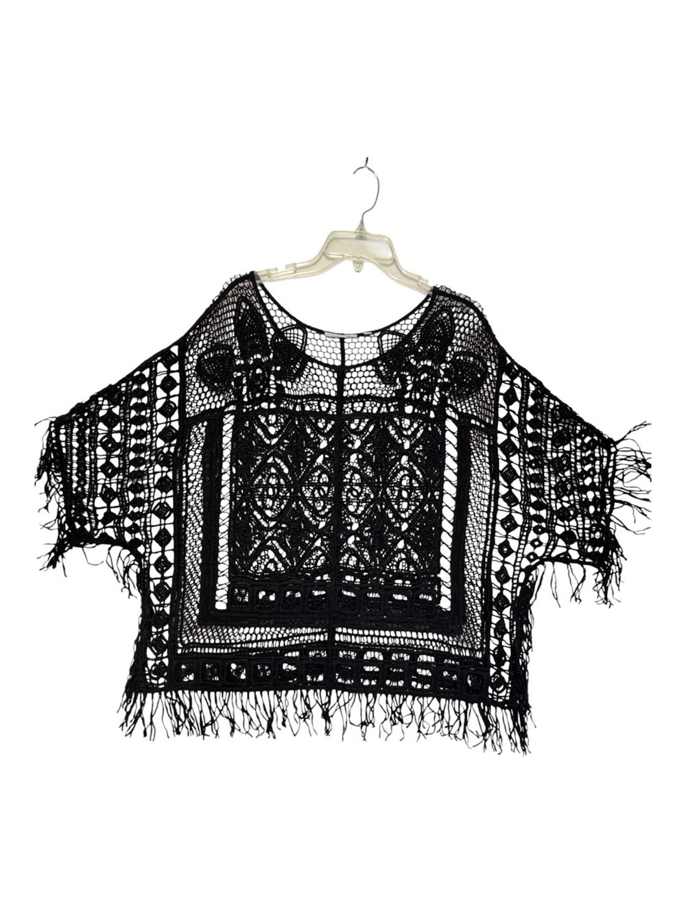 BoHo Hollow Out Black Crochet Fringe Tunic Top Beach Blouse Women Sz OS